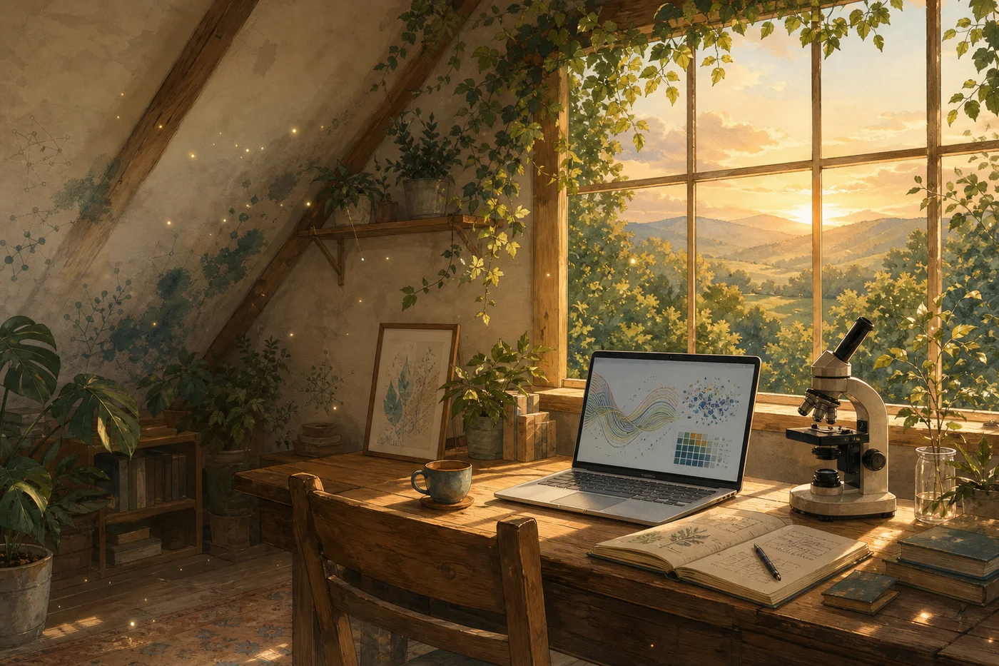 A warm, plant-filled research studio with a laptop, microscope, and notebooks